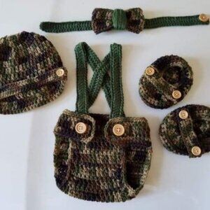 Crochet Baby Boy Camouflage Suspenders Newsboy Hat Diaper Cover Outfit Photo Pro